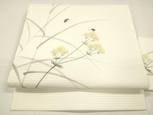 平和屋着物＊夏物 絽塩瀬 九寸名古屋帯 手描き 草花文 てんとう虫 正絹 逸品 DAAY8375cm