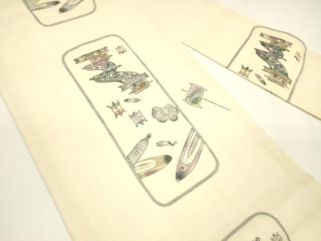 平和屋着物＊夏物 松煙染の第一人者 川島草苑 九寸名古屋帯 型染 糸巻き花文 正絹 逸品 DAAY8376cm