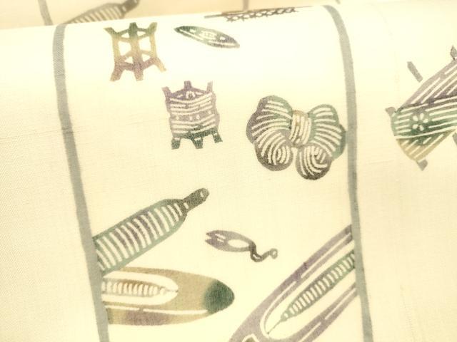 平和屋着物＊夏物 松煙染の第一人者 川島草苑 九寸名古屋帯 型染 糸巻き花文 正絹 逸品 DAAY8376cm