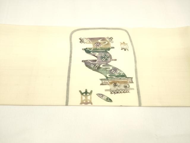 平和屋着物＊夏物 松煙染の第一人者 川島草苑 九寸名古屋帯 型染 糸巻き花文 正絹 逸品 DAAY8376cm