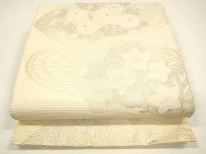 平和屋着物＊夏物 六通柄袋帯 流水地紙草花文 銀糸 正絹 逸品 DAAY8382cm