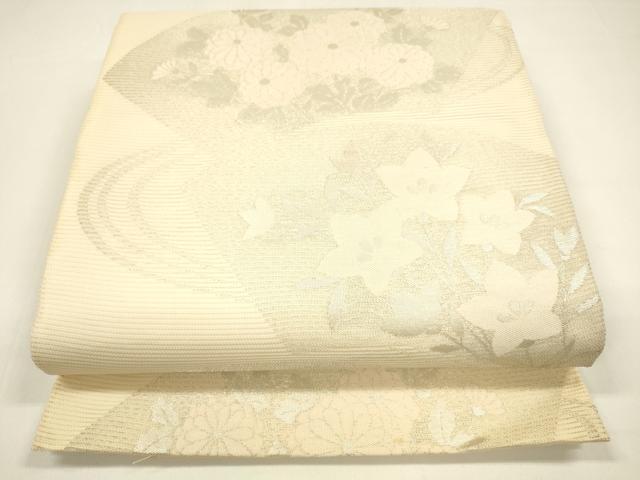 平和屋着物＊夏物 六通柄袋帯 流水地紙草花文 銀糸 正絹 逸品 DAAY8382cm