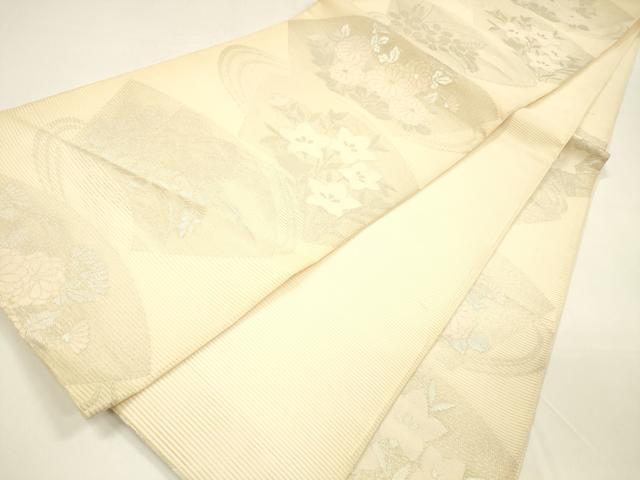平和屋着物＊夏物 六通柄袋帯 流水地紙草花文 銀糸 正絹 逸品 DAAY8382cm