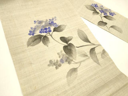 平和屋着物＊夏物 九寸名古屋帯 手描き 紫陽花 アジサイ 麻 逸品 DAAY8390cm
