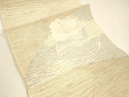 平和屋着物＊夏物 西陣 老舗 渡文謹製 手織 八寸名古屋帯 流水花文 銀糸 証紙付き 正絹 逸品 DAAY8392cm