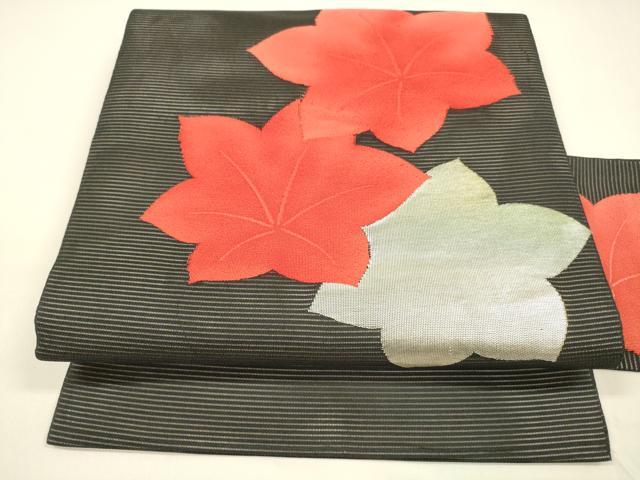 平和屋着物＊夏物 九寸名古屋帯 舞葉文 黒地 銀糸 正絹 逸品 DAAY8402cm