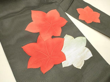 平和屋着物＊夏物 九寸名古屋帯 舞葉文 黒地 銀糸 正絹 逸品 DAAY8402cm