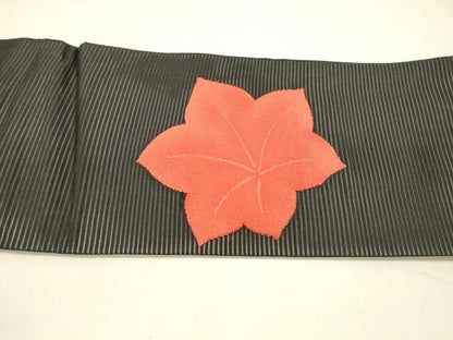 平和屋着物＊夏物 九寸名古屋帯 舞葉文 黒地 銀糸 正絹 逸品 DAAY8402cm