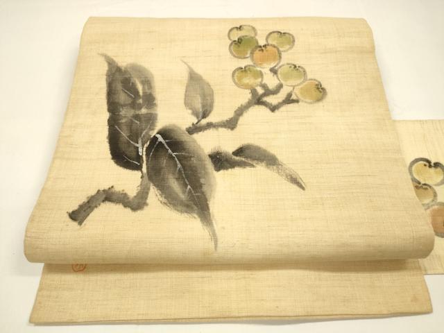 平和屋着物＊夏物 九寸名古屋帯 作家物 手描き 紬地 枝花文 銀彩 麻 正絹 逸品 DAAY8403cm