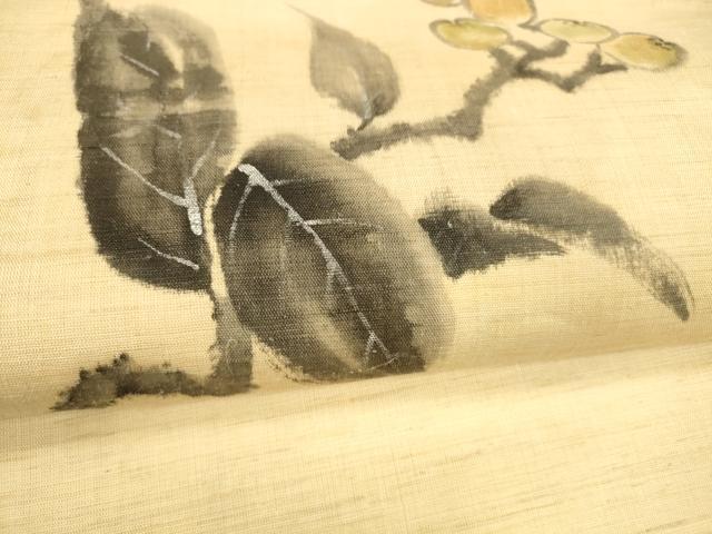 平和屋着物＊夏物 九寸名古屋帯 作家物 手描き 紬地 枝花文 銀彩 麻 正絹 逸品 DAAY8403cm