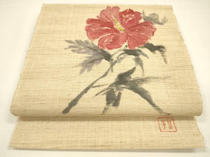 平和屋着物＊夏物 八寸名古屋帯 作家物 手描き 枝花文 麻 逸品 DAAY8433cm