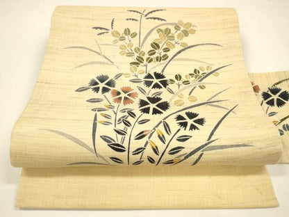 平和屋着物＊夏物 九寸名古屋帯 型染 草花文 麻 逸品 DAAY8445cm