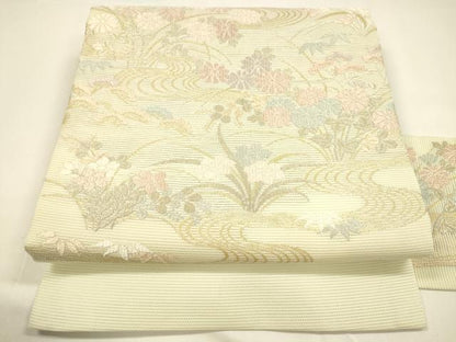 平和屋着物＊夏物 九寸名古屋帯 唐織 流水草花文 金糸 正絹 逸品 DAAY8449cm