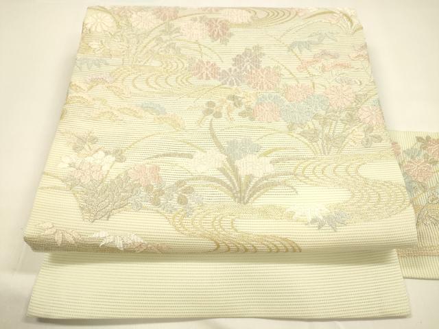 平和屋着物＊夏物 九寸名古屋帯 唐織 流水草花文 金糸 正絹 逸品 DAAY8449cm