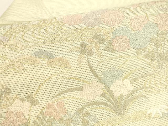 平和屋着物＊夏物 九寸名古屋帯 唐織 流水草花文 金糸 正絹 逸品 DAAY8449cm