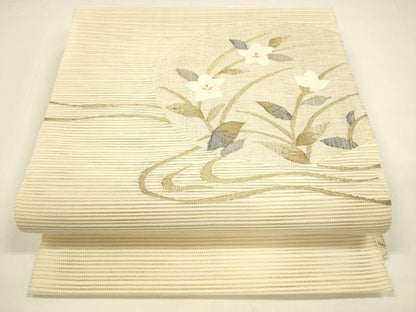 平和屋着物＊夏物 絽綴れ 八寸名古屋帯 流水草花文 金糸 正絹 逸品 DAAY8453cm