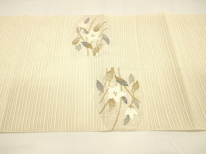平和屋着物＊夏物 絽綴れ 八寸名古屋帯 流水草花文 金糸 正絹 逸品 DAAY8453cm