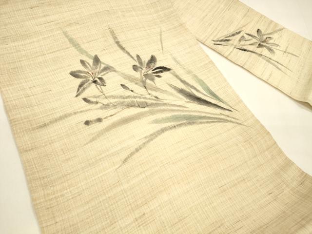 平和屋着物＊夏物　九寸名古屋帯　手描き　草花文　麻　逸品　DAAY8455cm