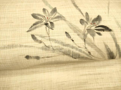 平和屋着物＊夏物　九寸名古屋帯　手描き　草花文　麻　逸品　DAAY8455cm