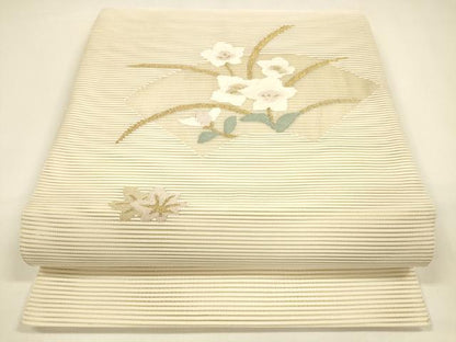 平和屋着物＊夏物 絽綴れ 八寸名古屋帯 地紙草花文 金糸 正絹 逸品 DAAY8460cm