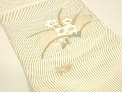 平和屋着物＊夏物 絽綴れ 八寸名古屋帯 地紙草花文 金糸 正絹 逸品 DAAY8460cm