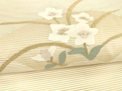 平和屋着物＊夏物 絽綴れ 八寸名古屋帯 地紙草花文 金糸 正絹 逸品 DAAY8460cm