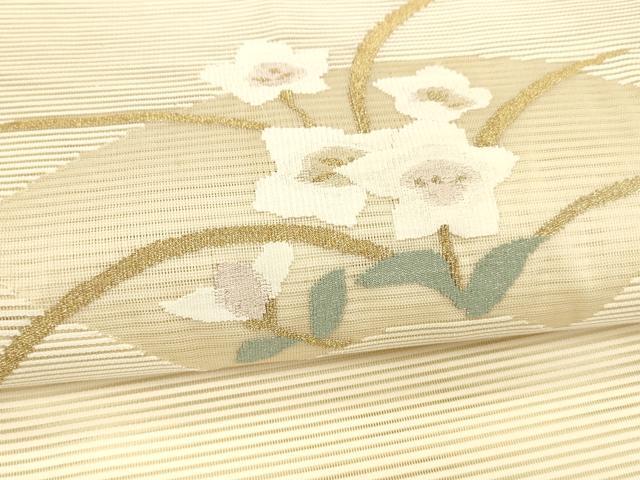 平和屋着物＊夏物 絽綴れ 八寸名古屋帯 地紙草花文 金糸 正絹 逸品 DAAY8460cm