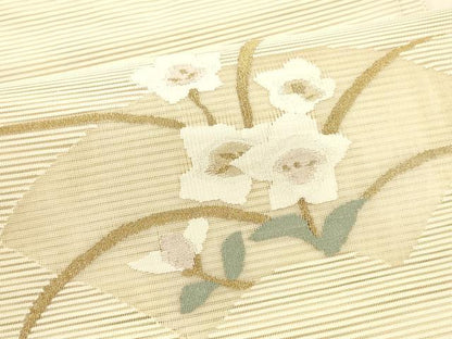 平和屋着物＊夏物 絽綴れ 八寸名古屋帯 地紙草花文 金糸 正絹 逸品 DAAY8460cm