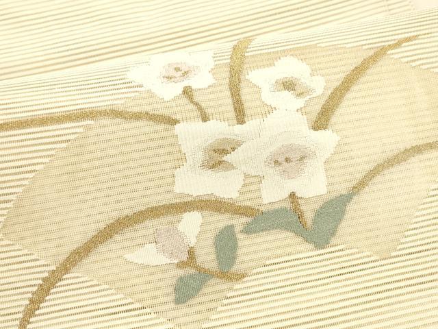 平和屋着物＊夏物 絽綴れ 八寸名古屋帯 地紙草花文 金糸 正絹 逸品 DAAY8460cm