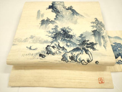 平和屋着物＊夏物　九寸名古屋帯　作家物　手描き　風景文　三越扱い　麻　逸品　DAAY8463cm