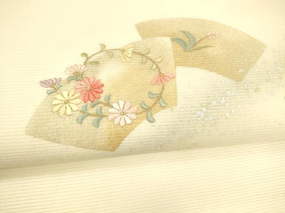 平和屋着物＊夏物 九寸名古屋帯 刺繍 草花文 金銀彩 正絹 逸品 DAAY8465cm