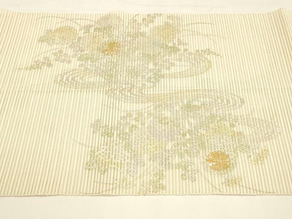 平和屋着物＊夏物　絽綴れ　八寸名古屋帯　螺鈿　流水草花文　金銀彩　正絹　逸品　DAAY8467cm