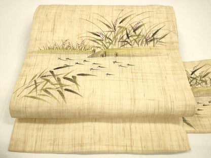 平和屋着物＊夏物 九寸名古屋帯 作家物 手描き 魚草花文 麻 逸品 DAAY8473cm