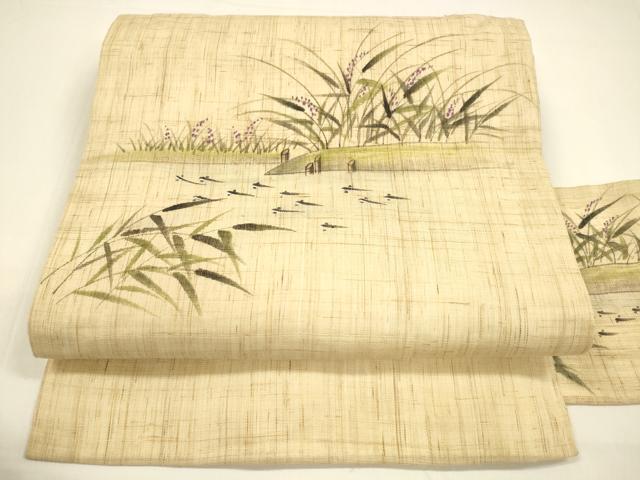 平和屋着物＊夏物 九寸名古屋帯 作家物 手描き 魚草花文 麻 逸品 DAAY8473cm