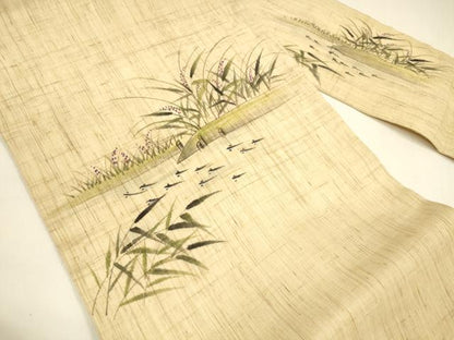 平和屋着物＊夏物 九寸名古屋帯 作家物 手描き 魚草花文 麻 逸品 DAAY8473cm