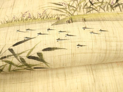 平和屋着物＊夏物 九寸名古屋帯 作家物 手描き 魚草花文 麻 逸品 DAAY8473cm