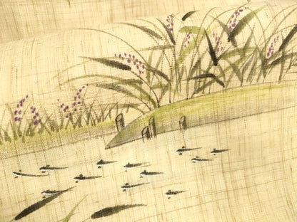 平和屋着物＊夏物 九寸名古屋帯 作家物 手描き 魚草花文 麻 逸品 DAAY8473cm