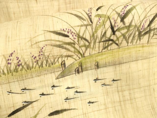 平和屋着物＊夏物 九寸名古屋帯 作家物 手描き 魚草花文 麻 逸品 DAAY8473cm