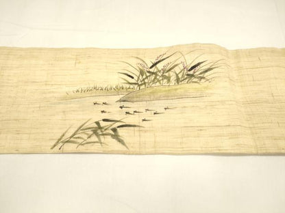 平和屋着物＊夏物 九寸名古屋帯 作家物 手描き 魚草花文 麻 逸品 DAAY8473cm