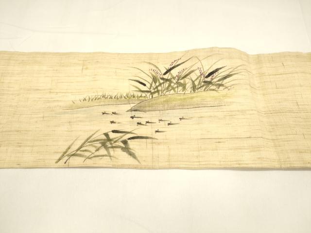平和屋着物＊夏物 九寸名古屋帯 作家物 手描き 魚草花文 麻 逸品 DAAY8473cm