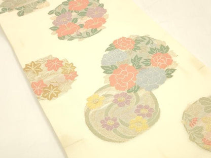 平和屋着物＊夏物 六通柄袋帯 草花文 金糸 正絹 逸品 DAAY8486cm