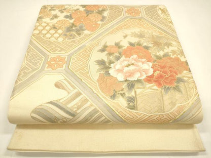平和屋着物＊夏物 太鼓柄袋帯 駒刺繍 草花文 金彩 正絹 逸品 DAAY8489cm