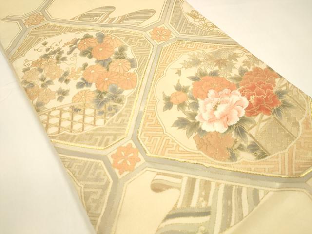 平和屋着物＊夏物 太鼓柄袋帯 駒刺繍 草花文 金彩 正絹 逸品 DAAY8489cm