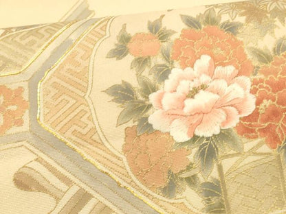 平和屋着物＊夏物 太鼓柄袋帯 駒刺繍 草花文 金彩 正絹 逸品 DAAY8489cm