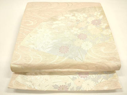 平和屋着物＊夏物 六通柄袋帯 流水地紙草花文 銀糸 正絹 逸品 DAAY8490cm
