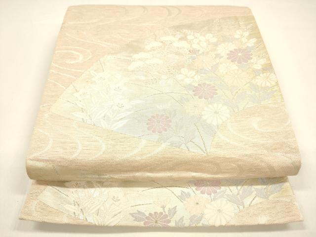 平和屋着物＊夏物 六通柄袋帯 流水地紙草花文 銀糸 正絹 逸品 DAAY8490cm