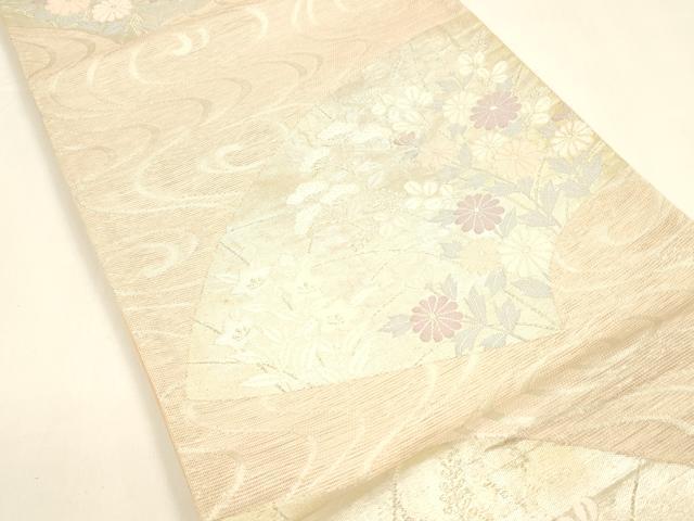平和屋着物＊夏物 六通柄袋帯 流水地紙草花文 銀糸 正絹 逸品 DAAY8490cm
