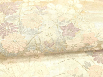 平和屋着物＊夏物 六通柄袋帯 流水地紙草花文 銀糸 正絹 逸品 DAAY8490cm