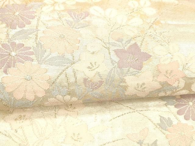 平和屋着物＊夏物 六通柄袋帯 流水地紙草花文 銀糸 正絹 逸品 DAAY8490cm