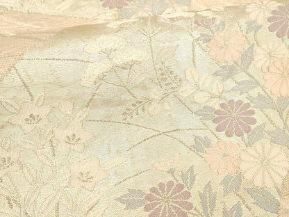 平和屋着物＊夏物 六通柄袋帯 流水地紙草花文 銀糸 正絹 逸品 DAAY8490cm